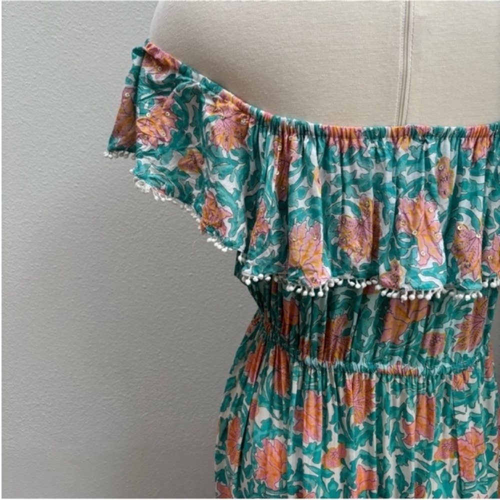 Miss June Boho Maxi Dress Floral Tiered Off Shoulder Teal Green Coral One Size - Picture 8 of 16